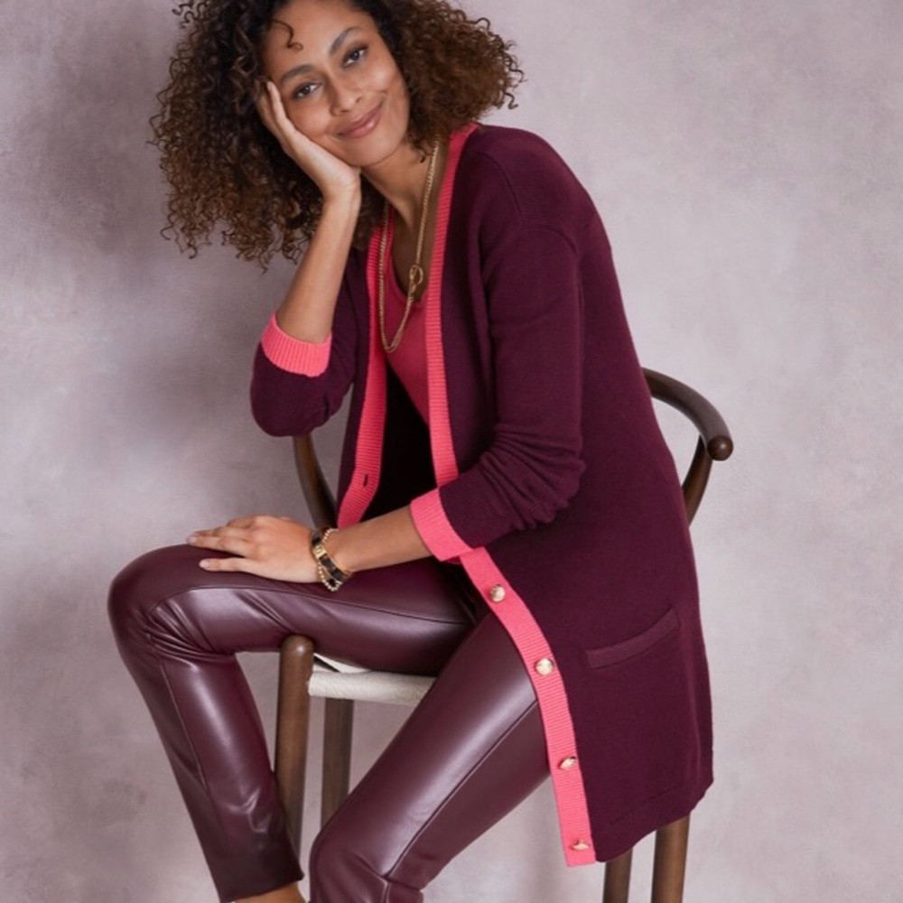 Talbot’s NWT Long Cardigan Pink Tipped🌷Rich Burgundy 🍷V-Neck Pocket Cardigan